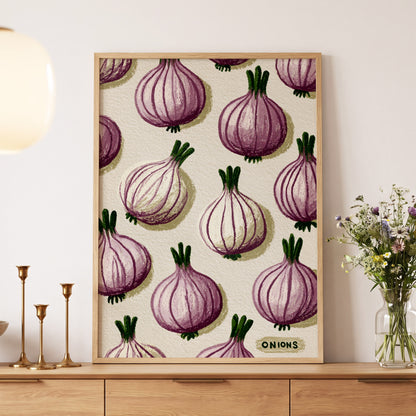 Purple Onion Parade, purple, green, beige nature wall art displayed in a styled interior, gallery view 5