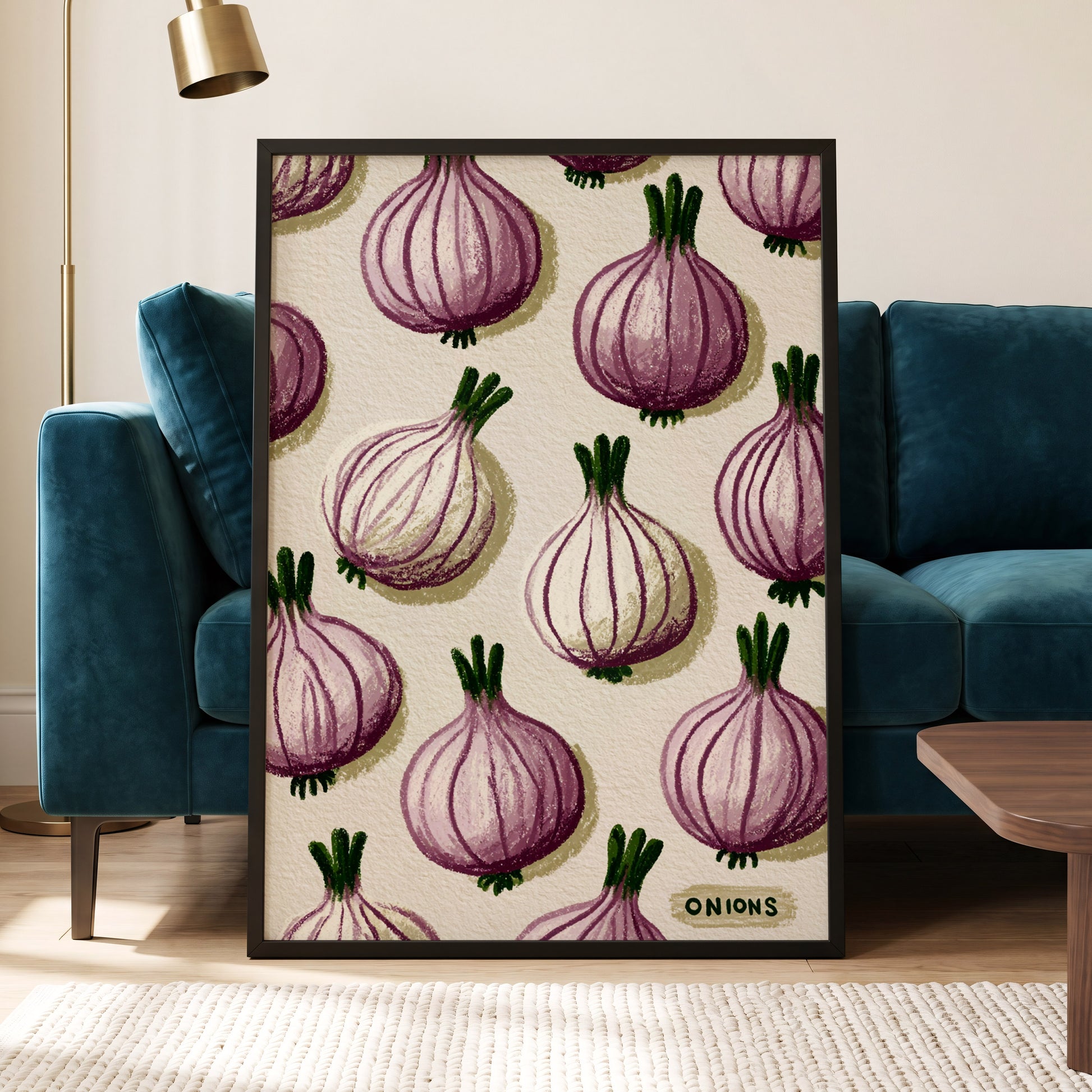 Purple Onion Parade, purple, green, beige nature wall art displayed in a styled interior, gallery view 6