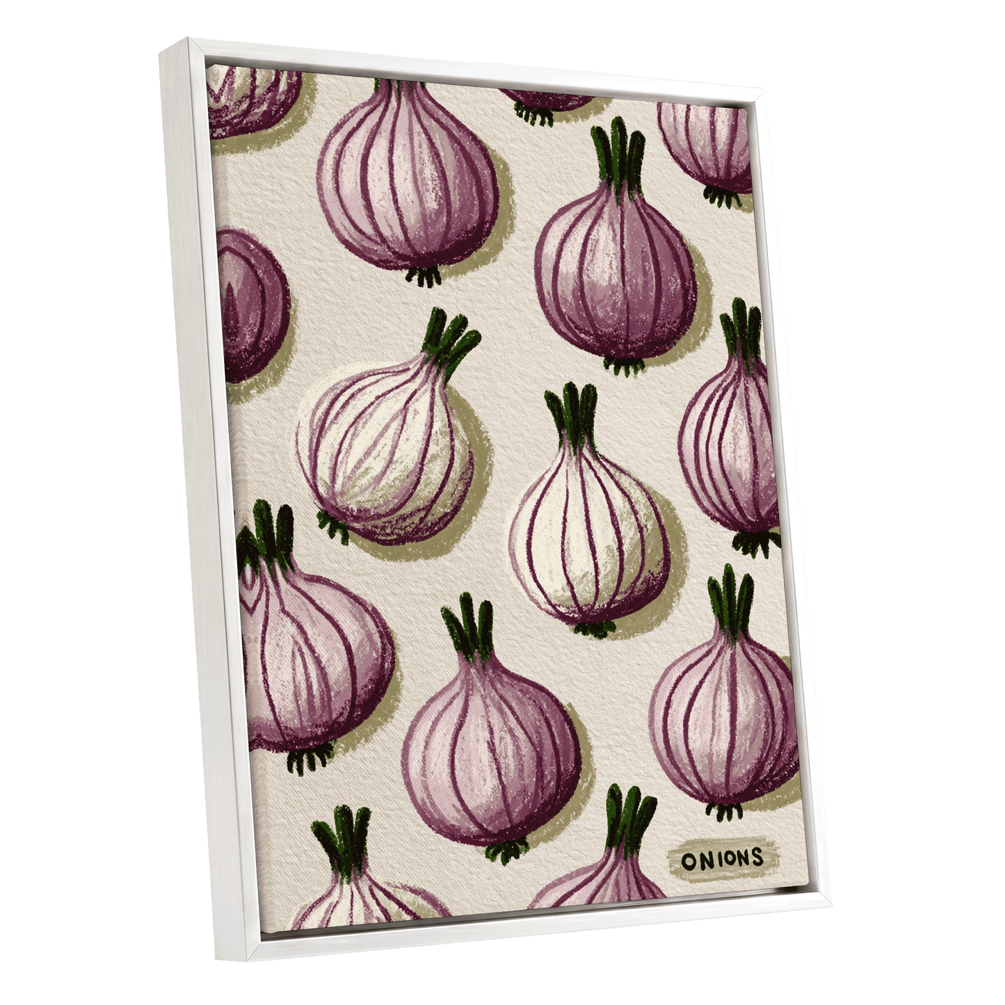 Purple Onion Parade, purple, green, beige nature wall art shown as a white framed canvas wall art