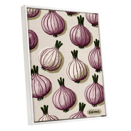 Purple Onion Parade, purple, green, beige nature wall art shown as a white framed canvas wall art