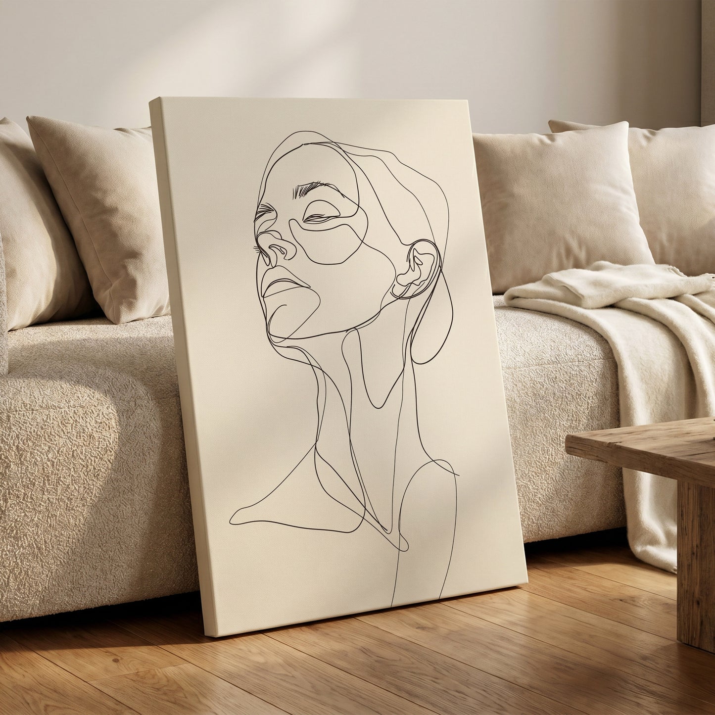 Quiet Ascension, black, beige minimalist wall art on canvas displayed in a styled interior, gallery view 1
