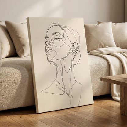 Quiet Ascension, black, beige minimalist wall art on canvas displayed in a styled interior, gallery view 1