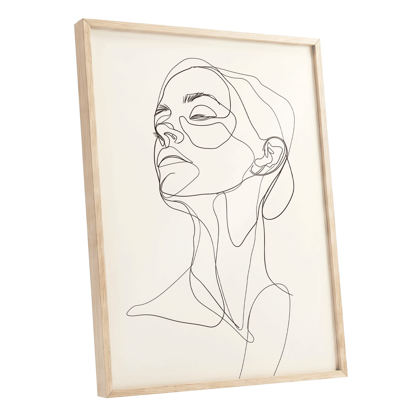 Quiet Ascension, black, beige minimalist wall art shown as a oak framed poster wall art print