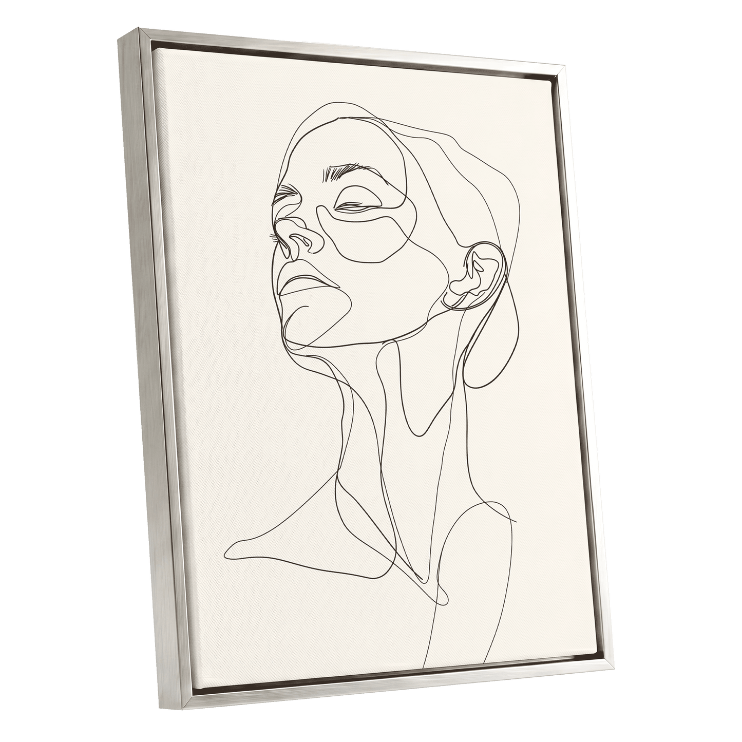 Quiet Ascension, black, beige minimalist wall art shown as a silver framed canvas wall art