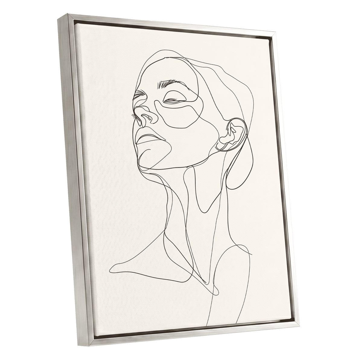 Quiet Ascension, black, beige minimalist wall art shown as a silver framed canvas wall art