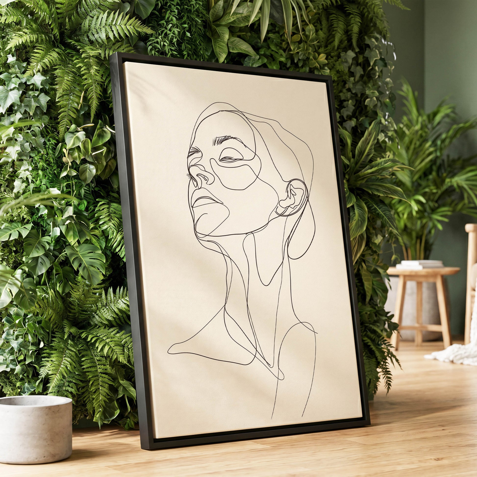 Quiet Ascension, black, beige minimalist wall art displayed in a styled interior, gallery view 1