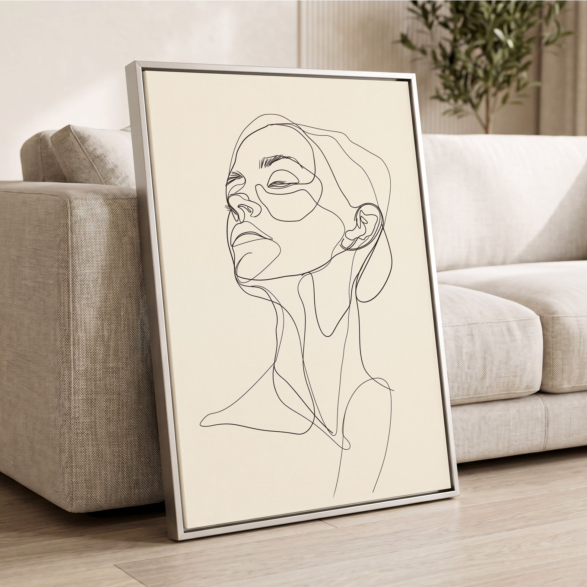 Quiet Ascension, black, beige minimalist wall art displayed in a styled interior, gallery view 2