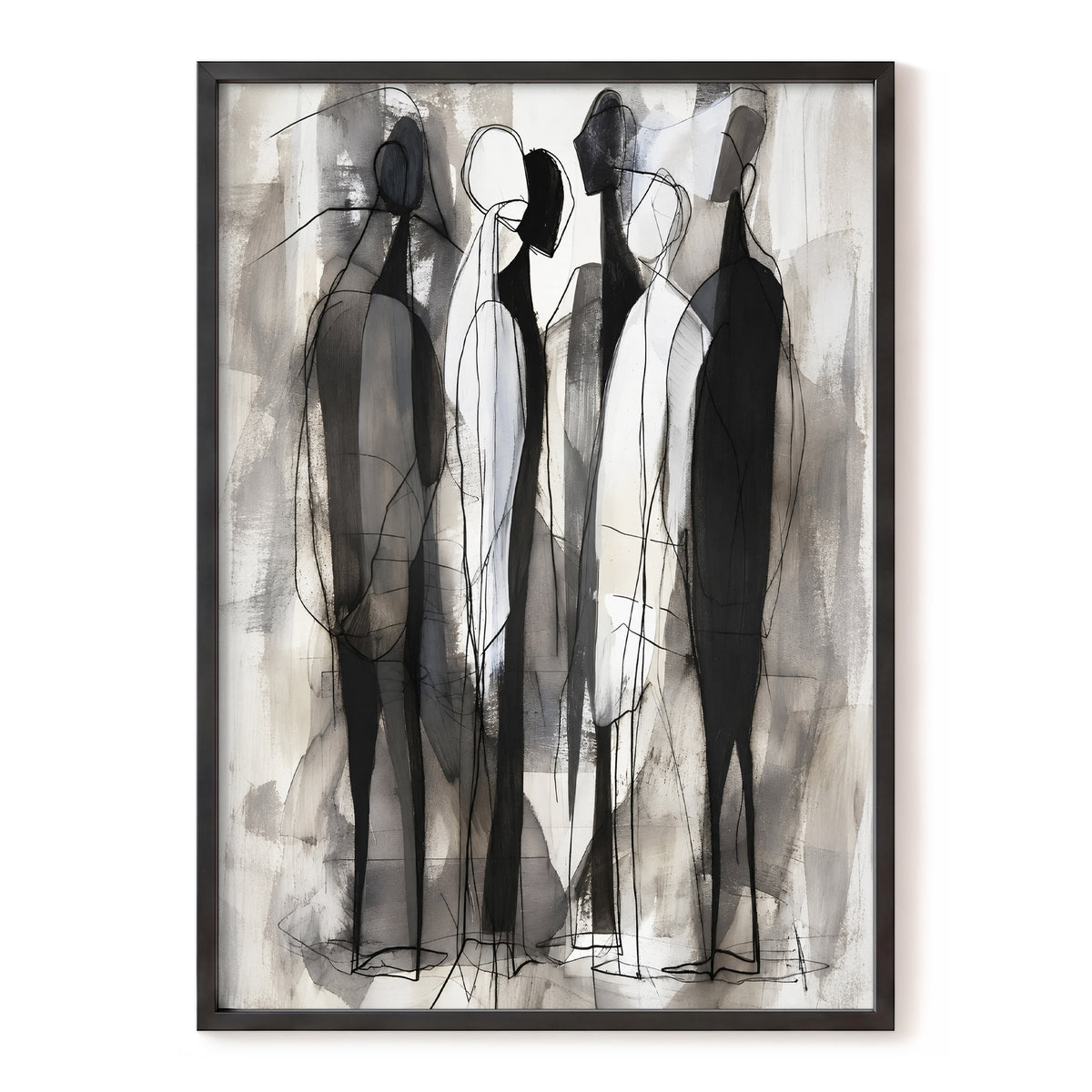 Quiet Assembly, black, gray, white abstract wall art, front artwork view