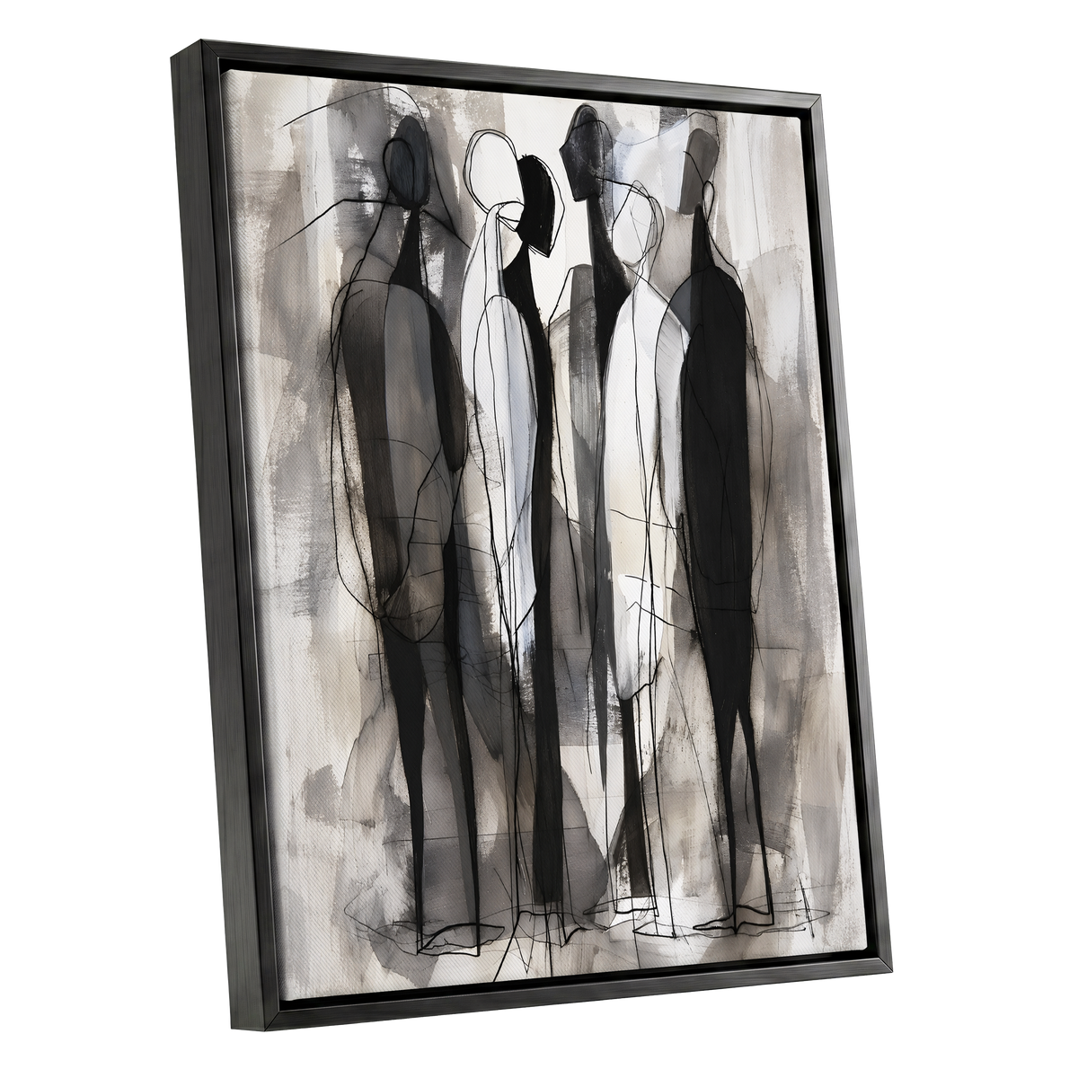 Quiet Assembly, black, gray, white abstract wall art shown as a black framed canvas wall art