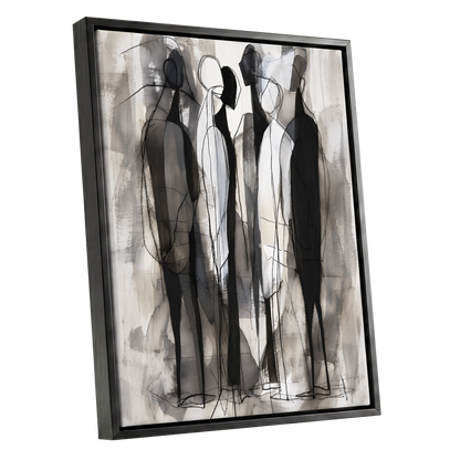 Quiet Assembly, black, gray, white abstract wall art shown as a black framed canvas wall art