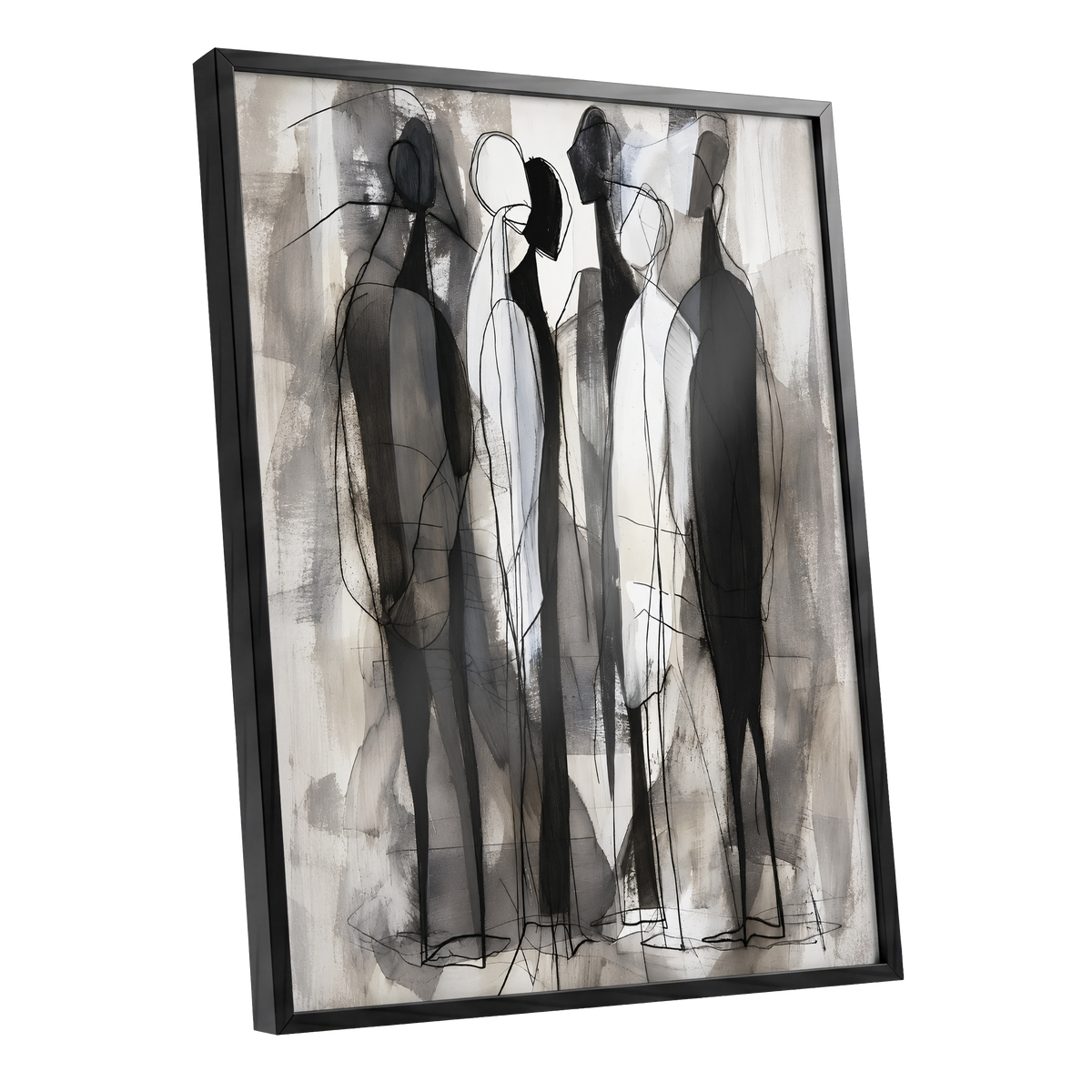 Quiet Assembly, black, gray, white abstract wall art shown as a black framed poster wall art print