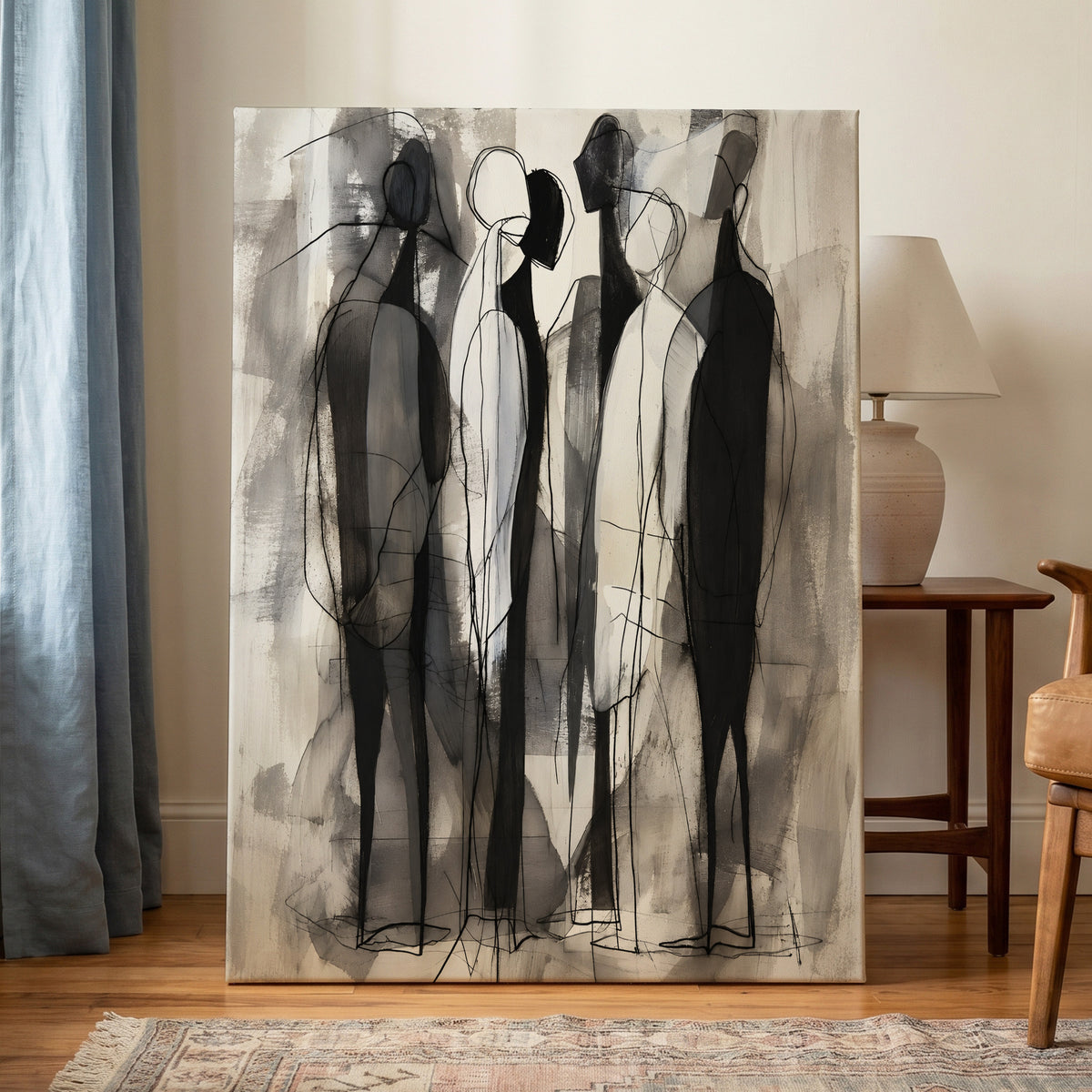 Quiet Assembly, black, gray, white abstract wall art on canvas displayed in a styled interior, gallery view 1