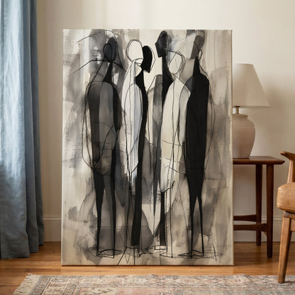 Quiet Assembly, black, gray, white abstract wall art on canvas displayed in a styled interior, gallery view 1