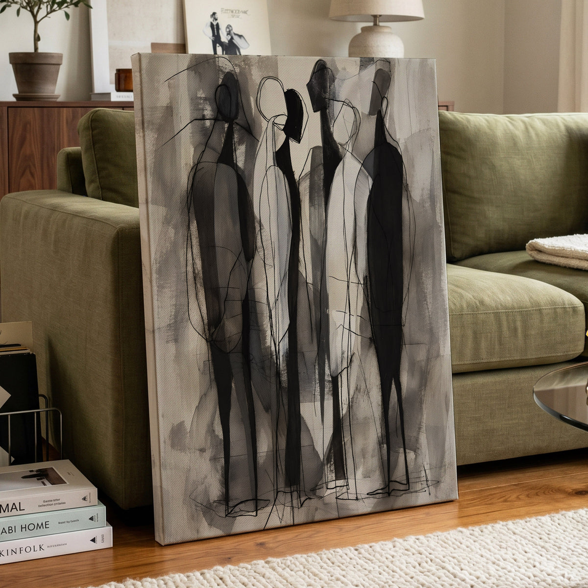 Quiet Assembly, black, gray, white abstract wall art on canvas displayed in a styled interior, gallery view 2