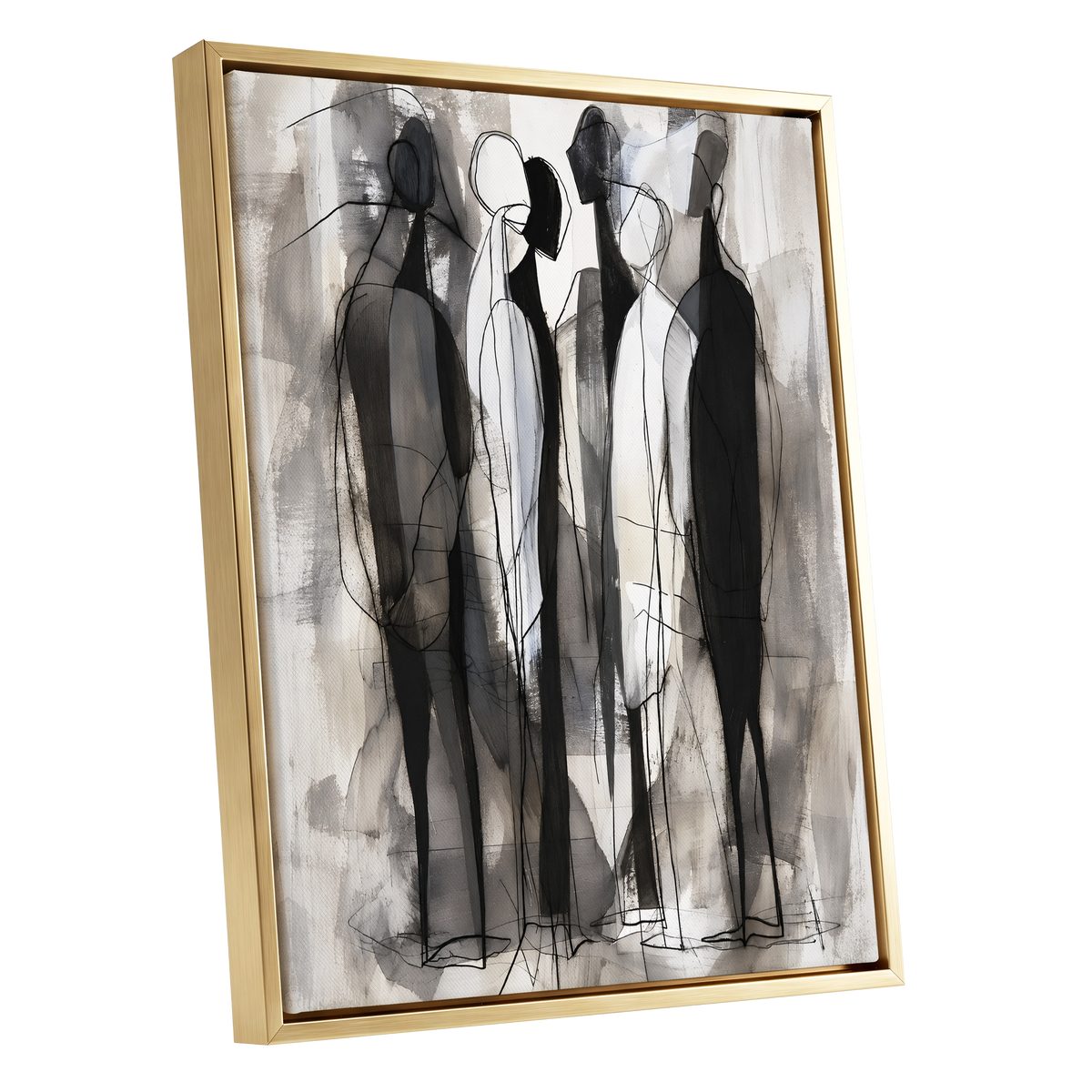 Quiet Assembly, black, gray, white abstract wall art shown as a gold framed canvas wall art