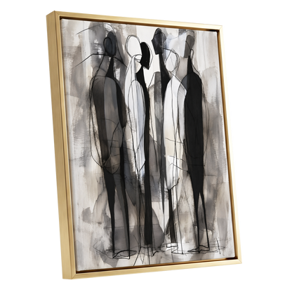 Quiet Assembly, black, gray, white abstract wall art shown as a gold framed canvas wall art