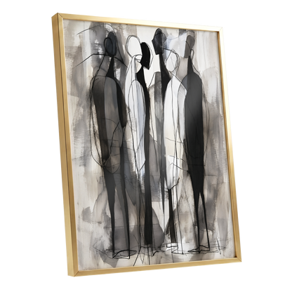 Quiet Assembly, black, gray, white abstract wall art shown as a gold framed poster wall art print