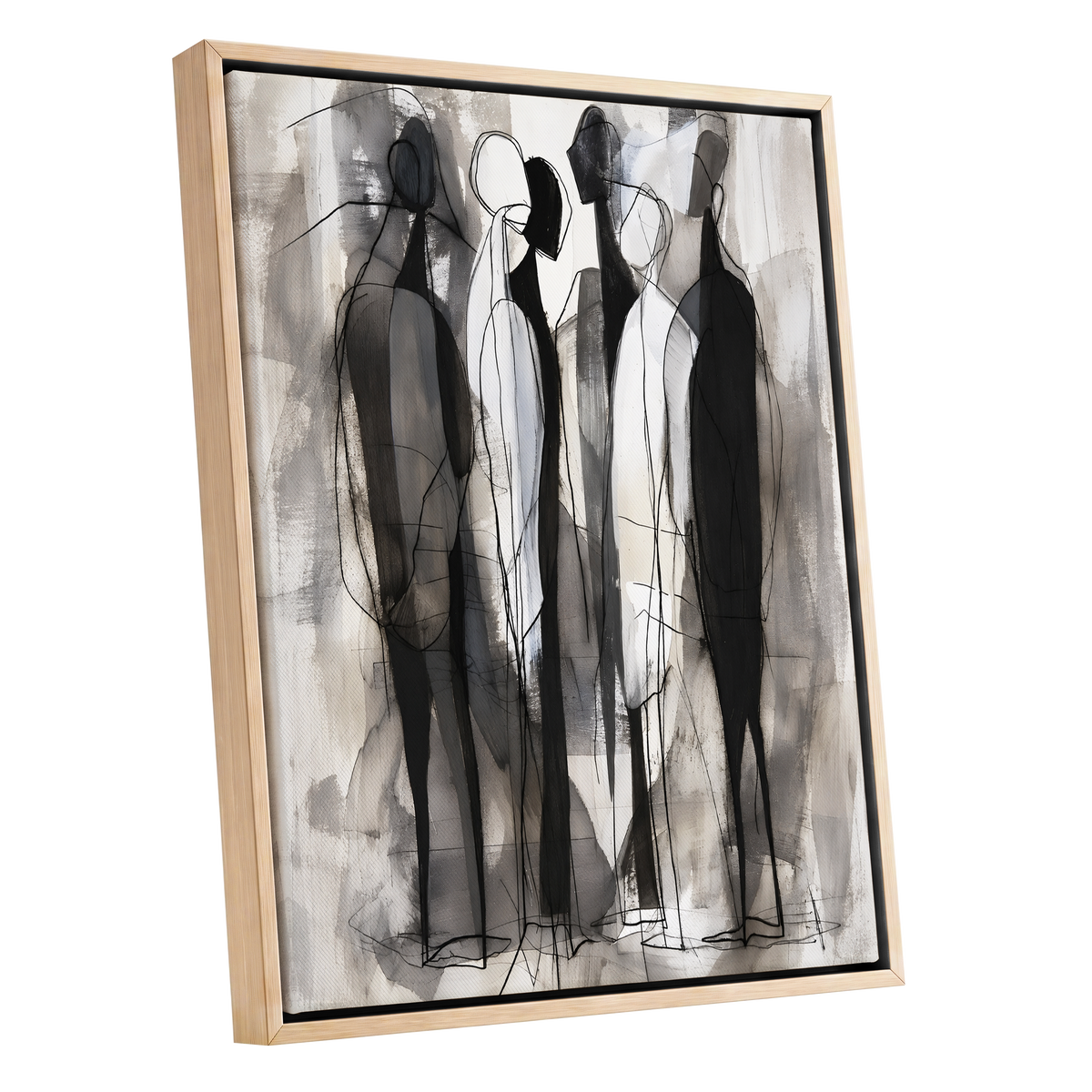 Quiet Assembly, black, gray, white abstract wall art shown as a oak framed canvas wall art