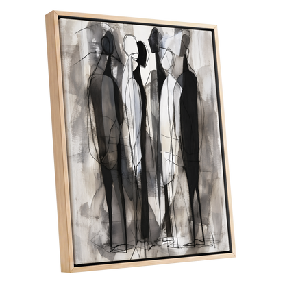 Quiet Assembly, black, gray, white abstract wall art shown as a oak framed canvas wall art