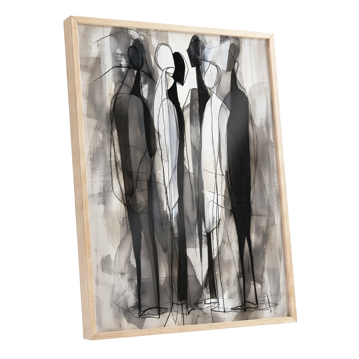 Quiet Assembly, black, gray, white abstract wall art shown as a oak framed poster wall art print