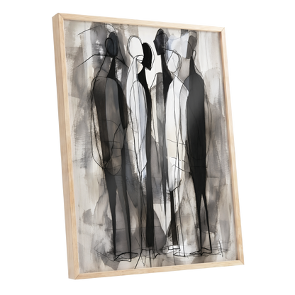 Quiet Assembly, black, gray, white abstract wall art shown as a oak framed poster wall art print