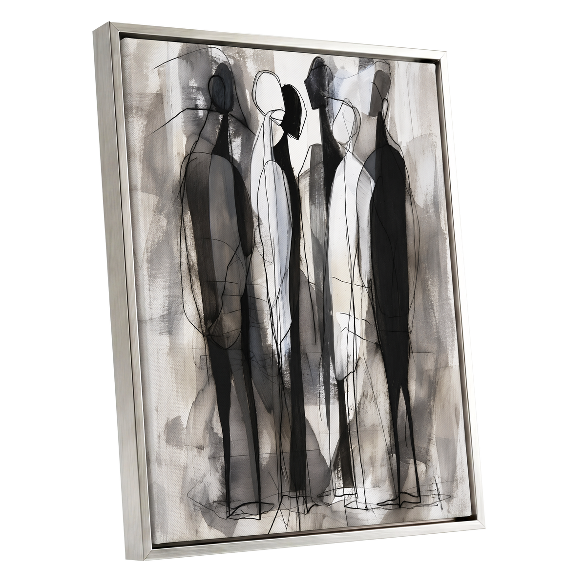 Quiet Assembly, black, gray, white abstract wall art shown as a silver framed canvas wall art