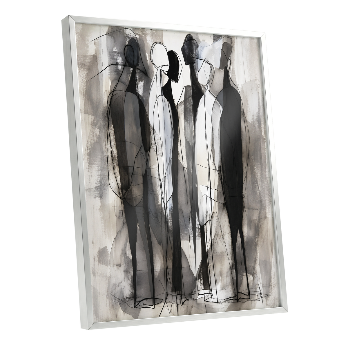 Quiet Assembly, black, gray, white abstract wall art shown as a silver framed poster wall art print