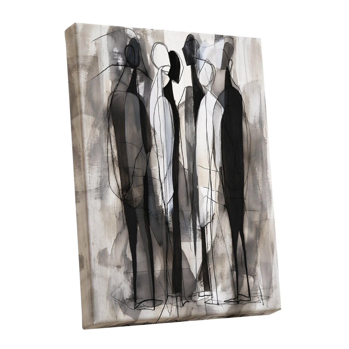 Quiet Assembly, black, gray, white abstract wall art shown as a stretched canvas wall art