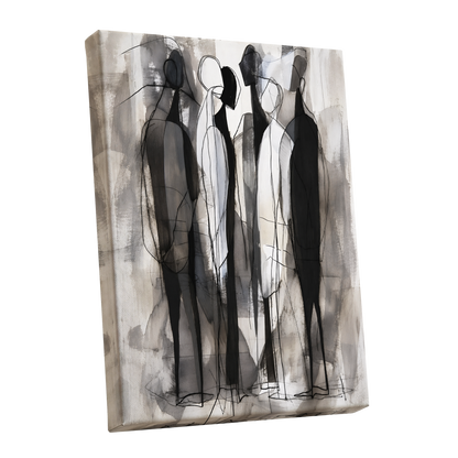Quiet Assembly, black, gray, white abstract wall art shown as a stretched canvas wall art