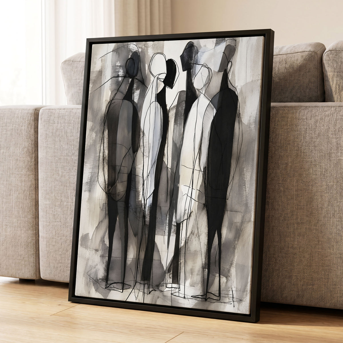 Quiet Assembly, black, gray, white abstract wall art displayed in a styled interior, gallery view 1