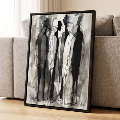 Quiet Assembly, black, gray, white abstract wall art displayed in a styled interior, gallery view 1