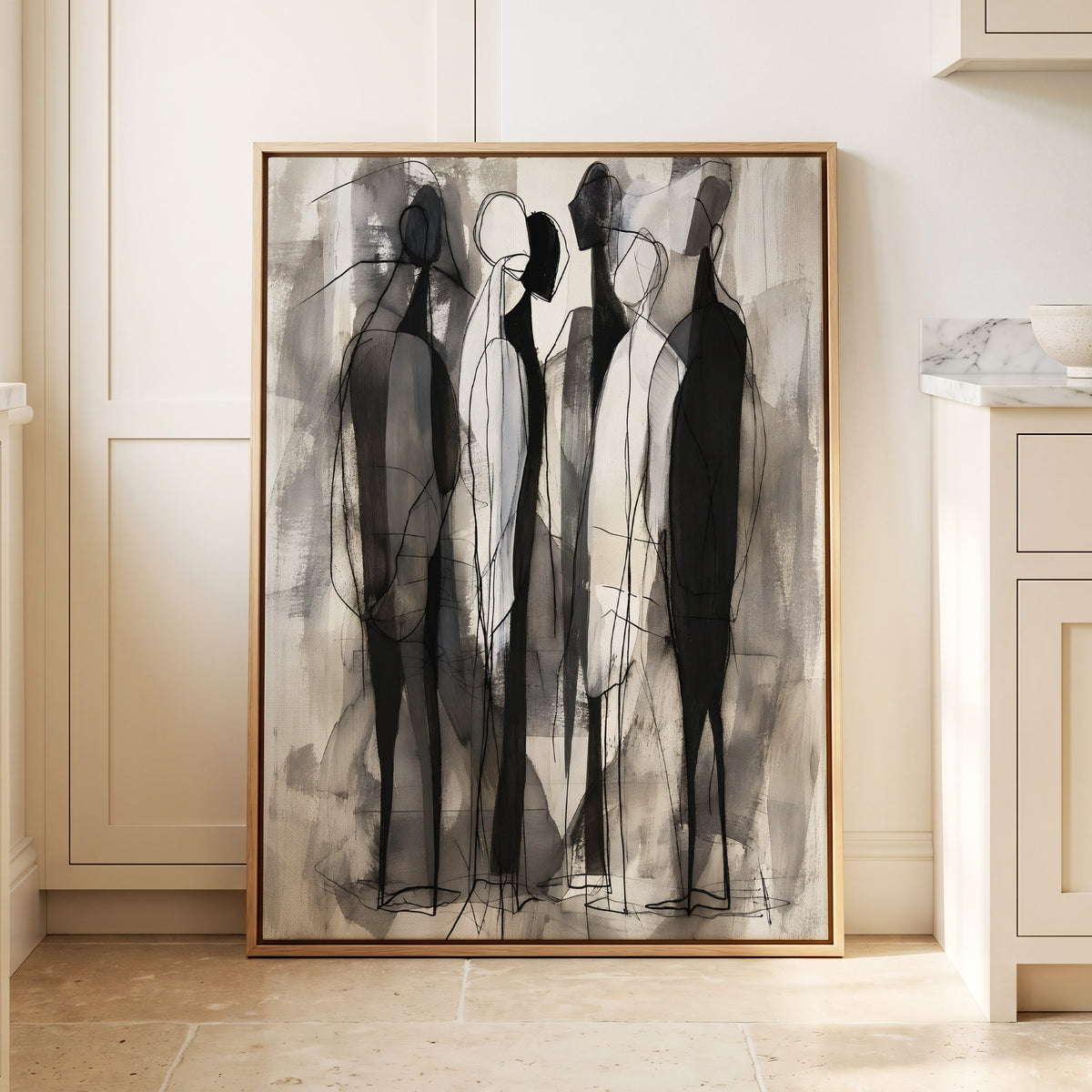Quiet Assembly, black, gray, white abstract wall art displayed in a styled interior, gallery view 2