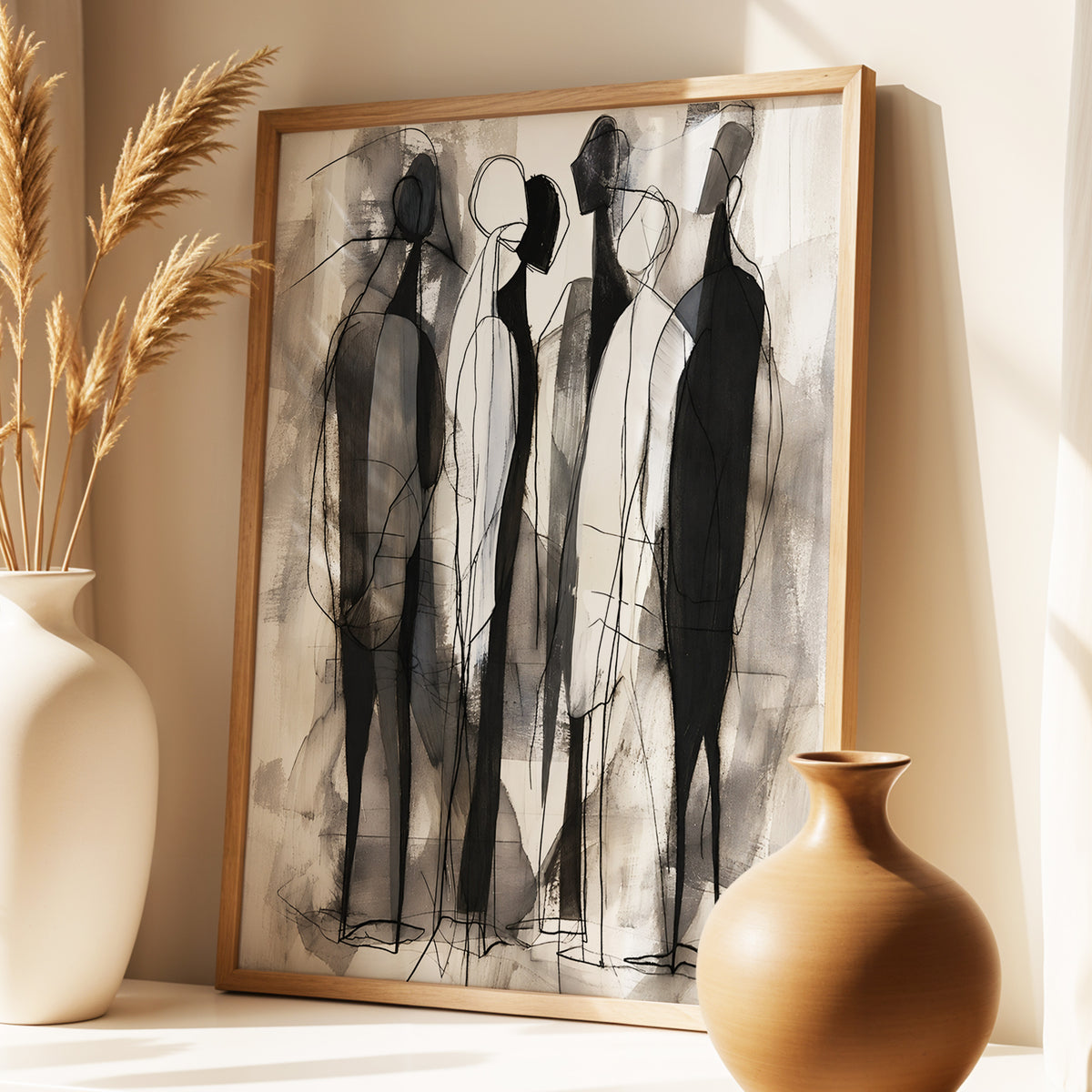 Quiet Assembly, black, gray, white abstract wall art displayed in a styled interior, gallery view 3