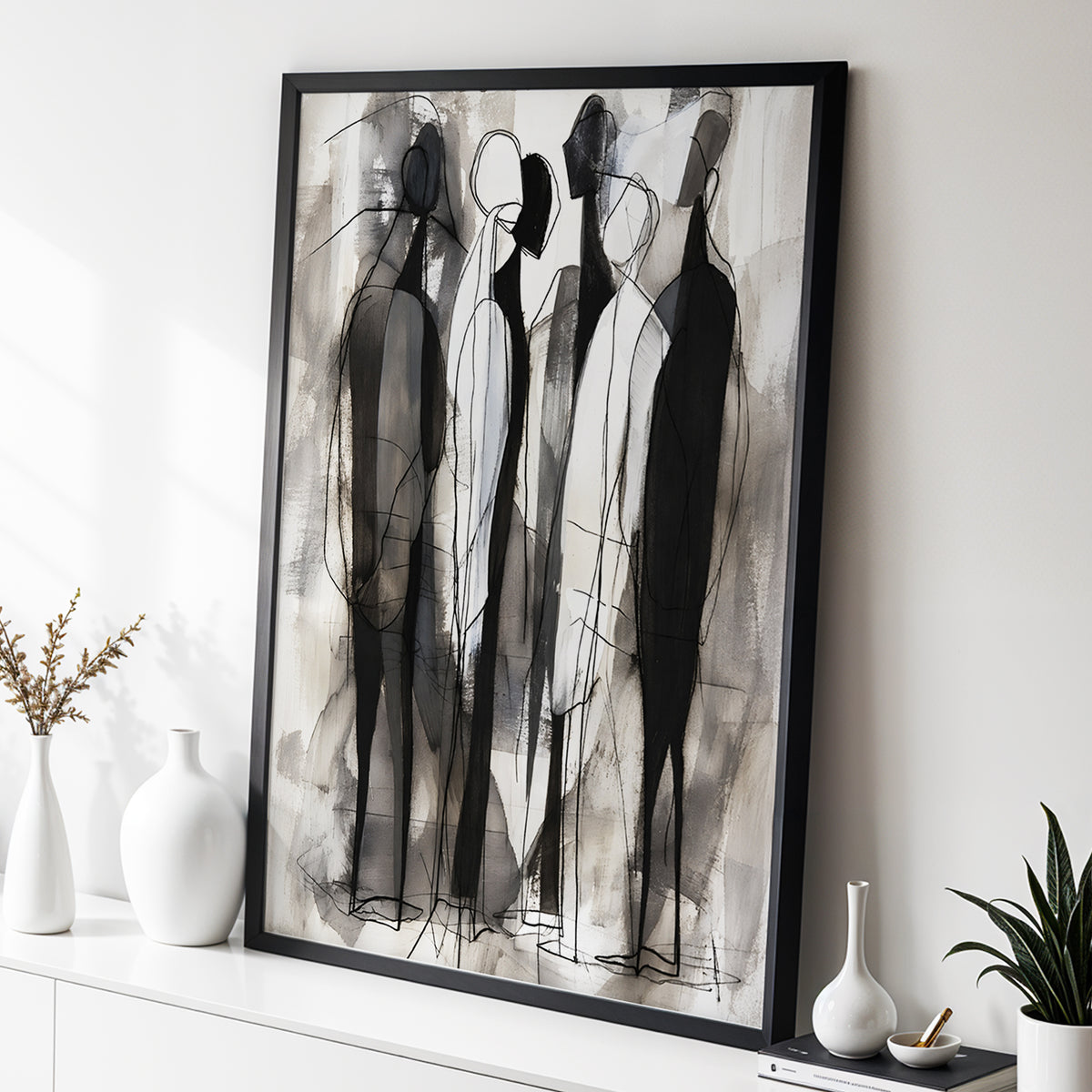 Quiet Assembly, black, gray, white abstract wall art displayed in a styled interior, gallery view 4