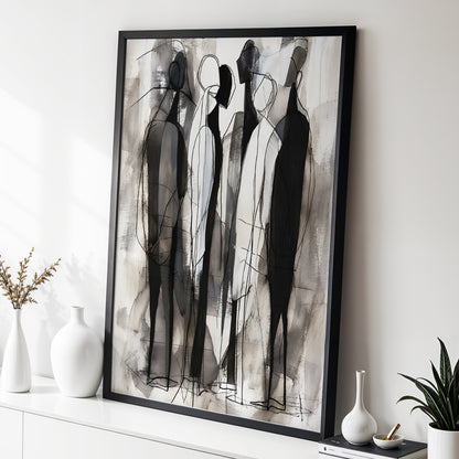 Quiet Assembly, black, gray, white abstract wall art displayed in a styled interior, gallery view 4