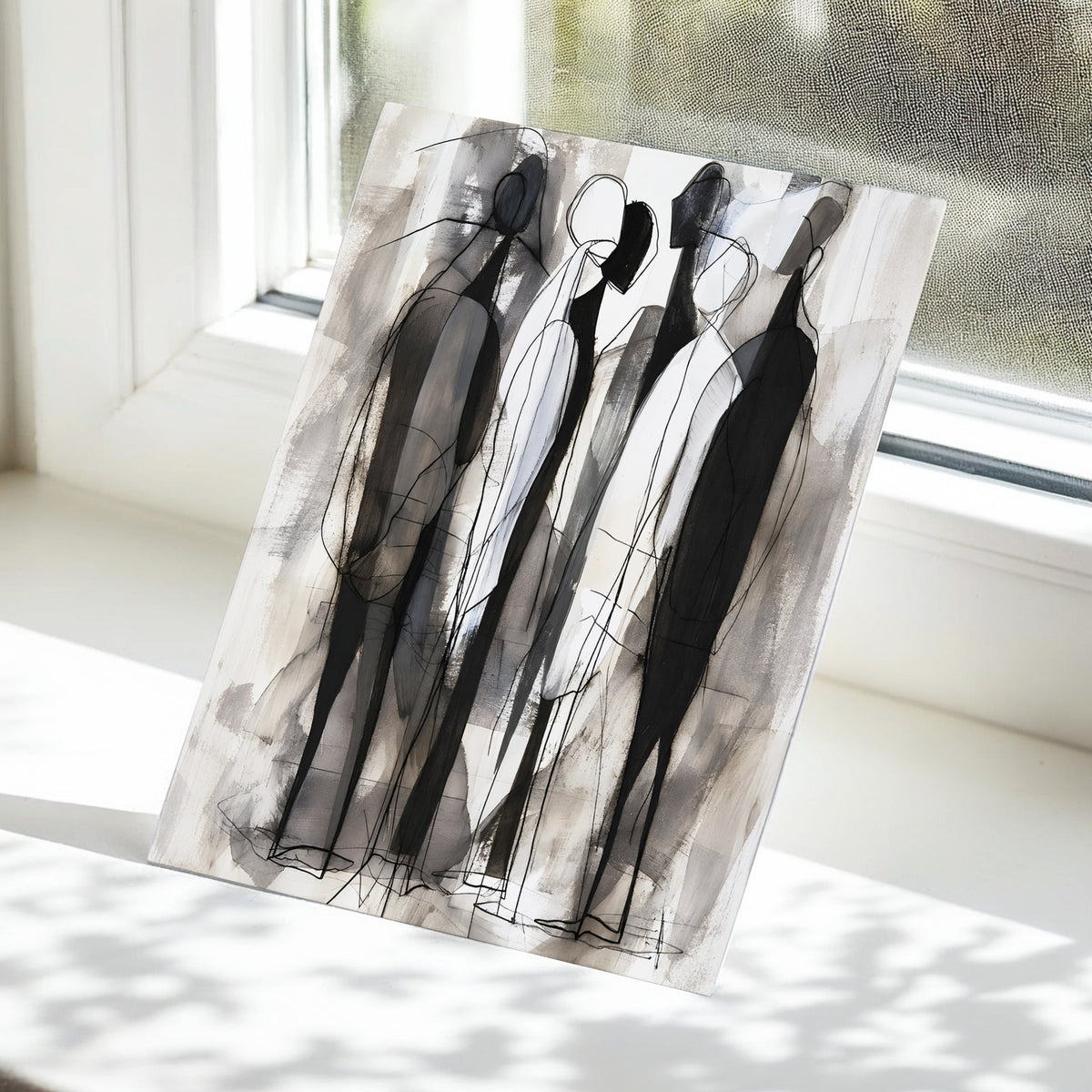 Quiet Assembly, black, gray, white abstract wall art displayed in a styled interior, gallery view 5