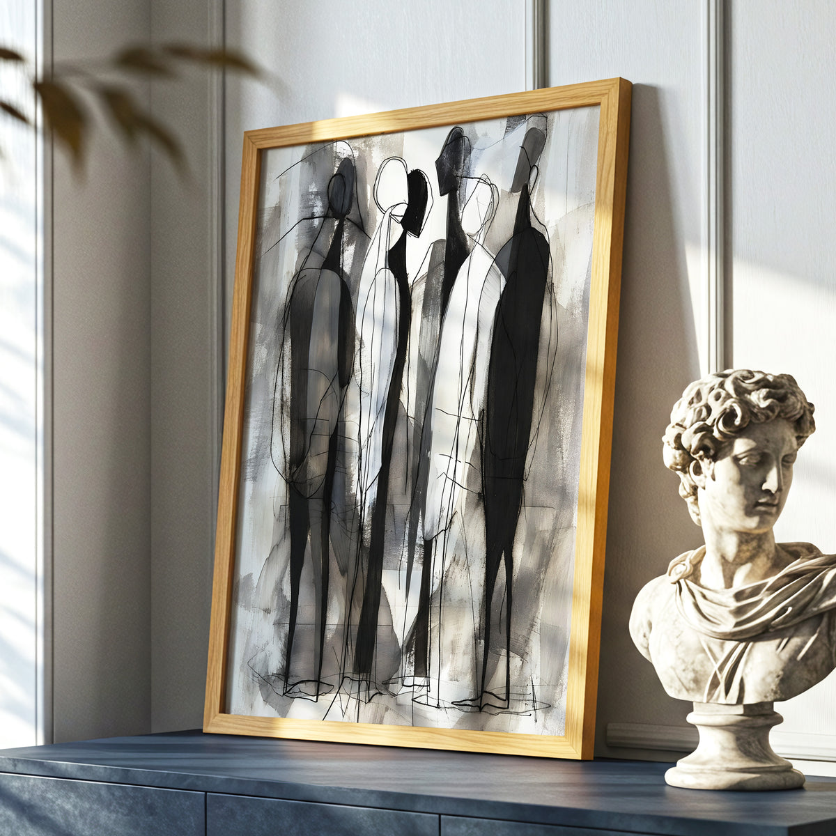 Quiet Assembly, black, gray, white abstract wall art displayed in a styled interior, gallery view 6