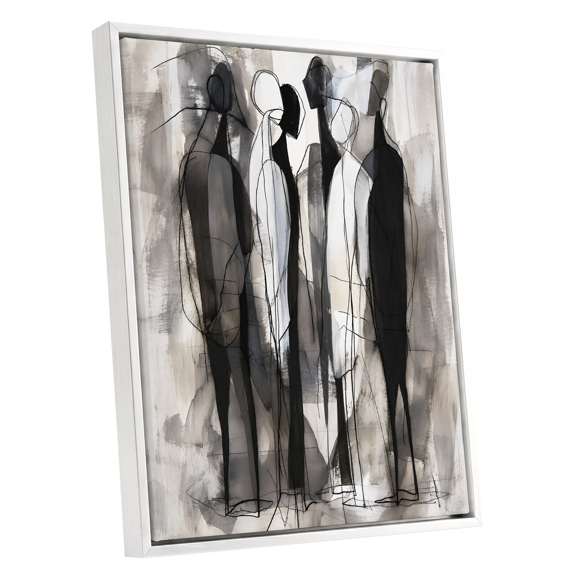 Quiet Assembly, black, gray, white abstract wall art shown as a white framed canvas wall art