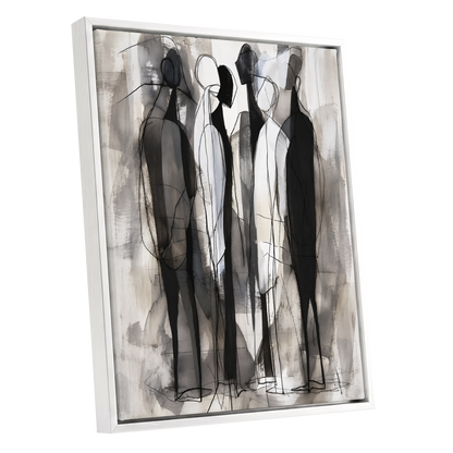 Quiet Assembly, black, gray, white abstract wall art shown as a white framed canvas wall art