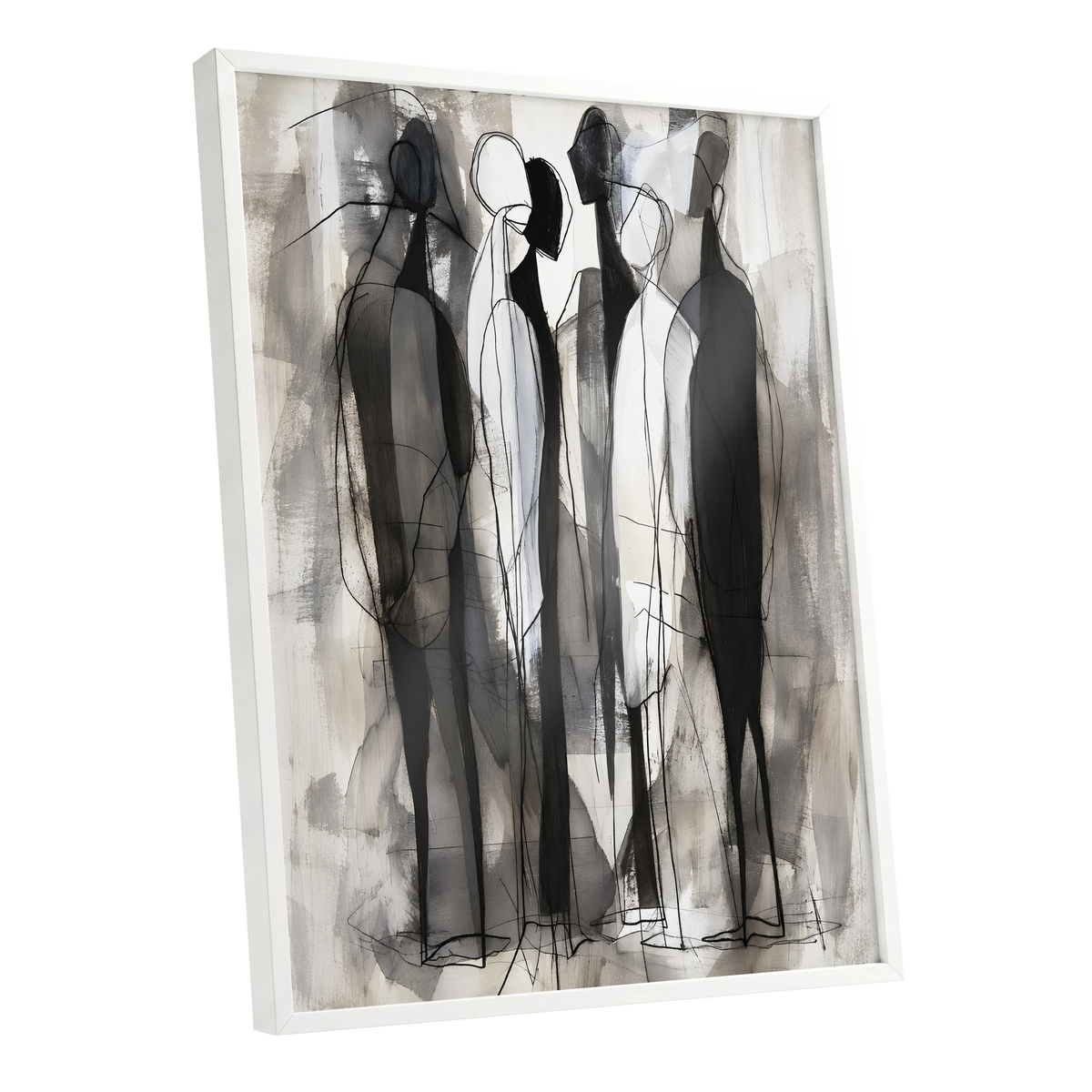 Quiet Assembly, black, gray, white abstract wall art shown as a white framed poster wall art print