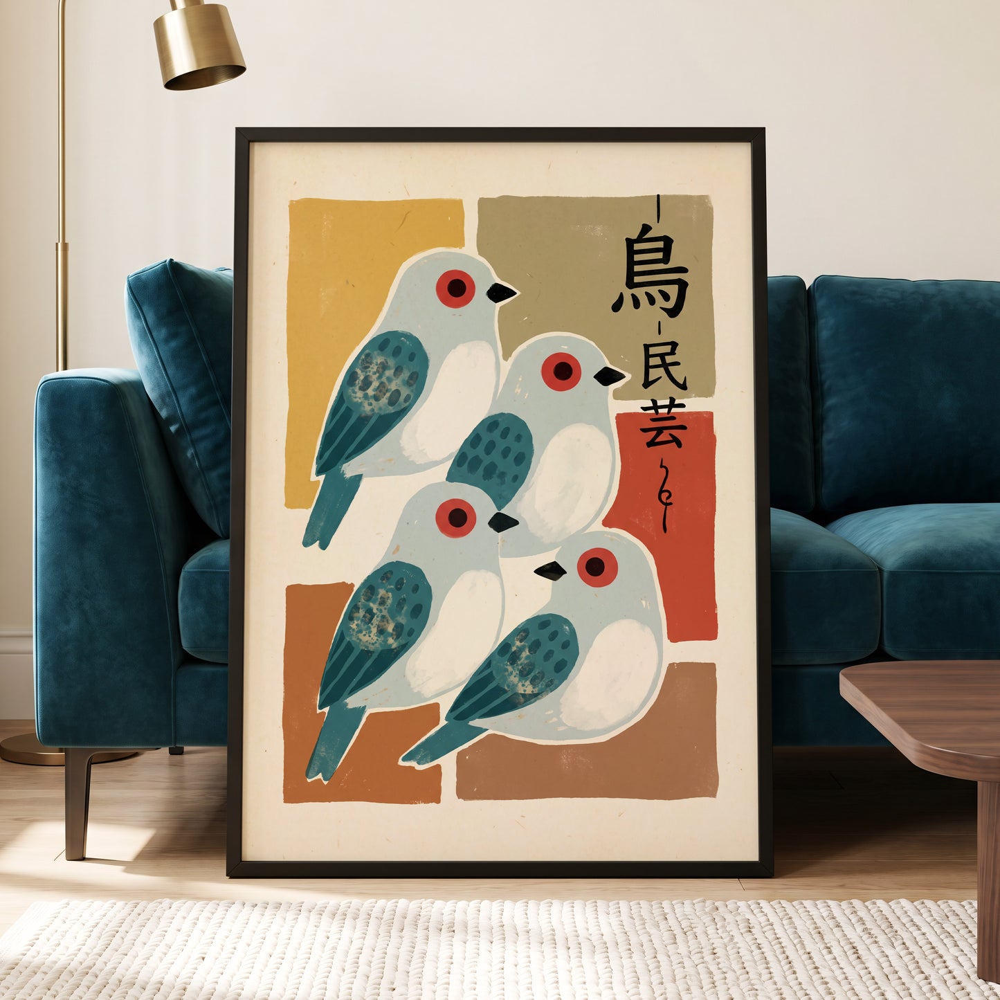 Quiet Aviary, blue, beige, brown nature wall art displayed in a styled interior, gallery view 2