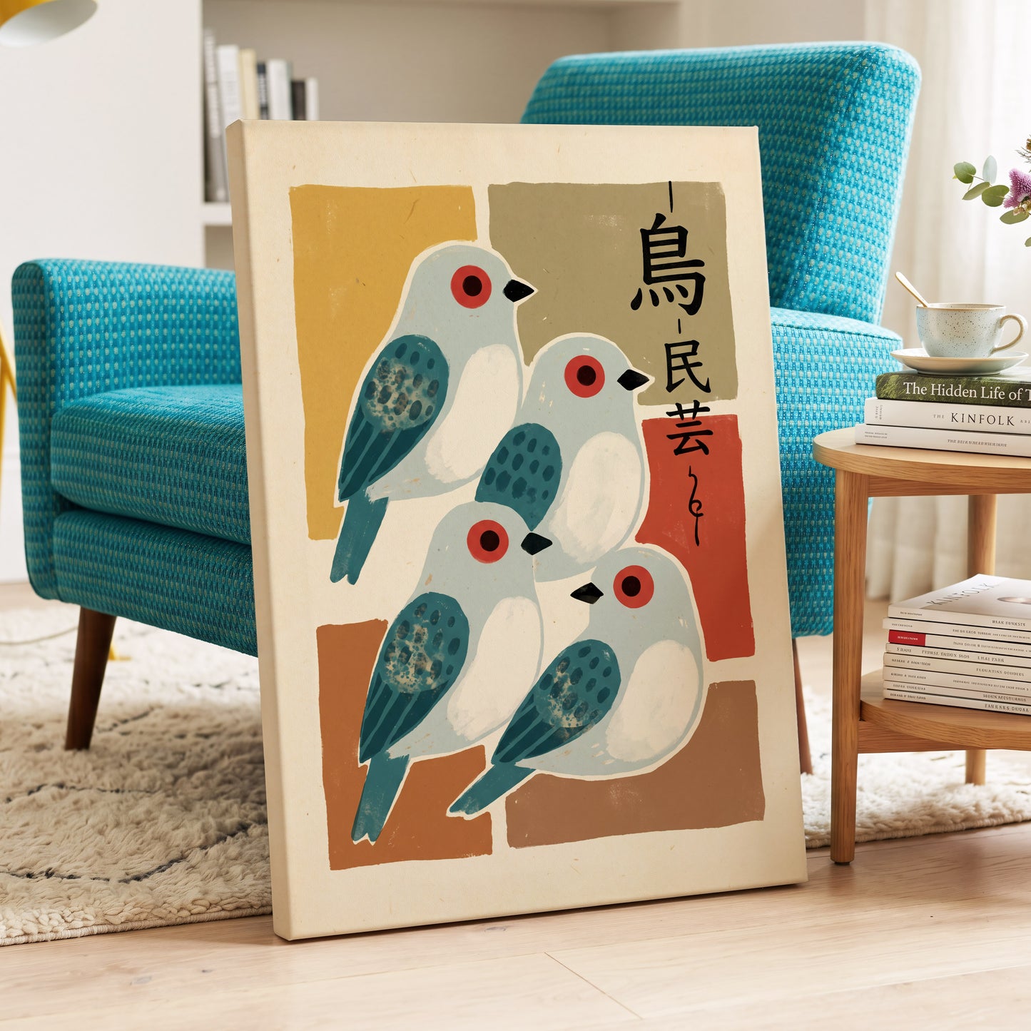Quiet Aviary, blue, beige, brown nature wall art displayed in a styled interior, gallery view 3