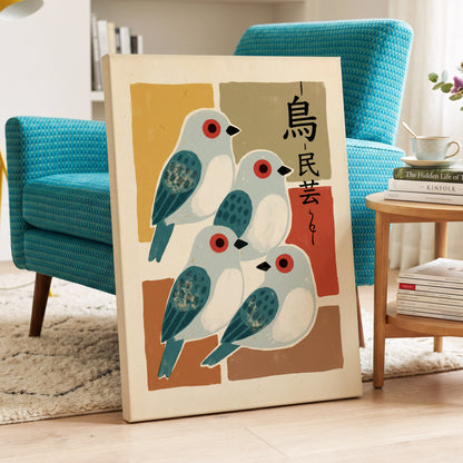 Quiet Aviary, blue, beige, brown nature wall art displayed in a styled interior, gallery view 3