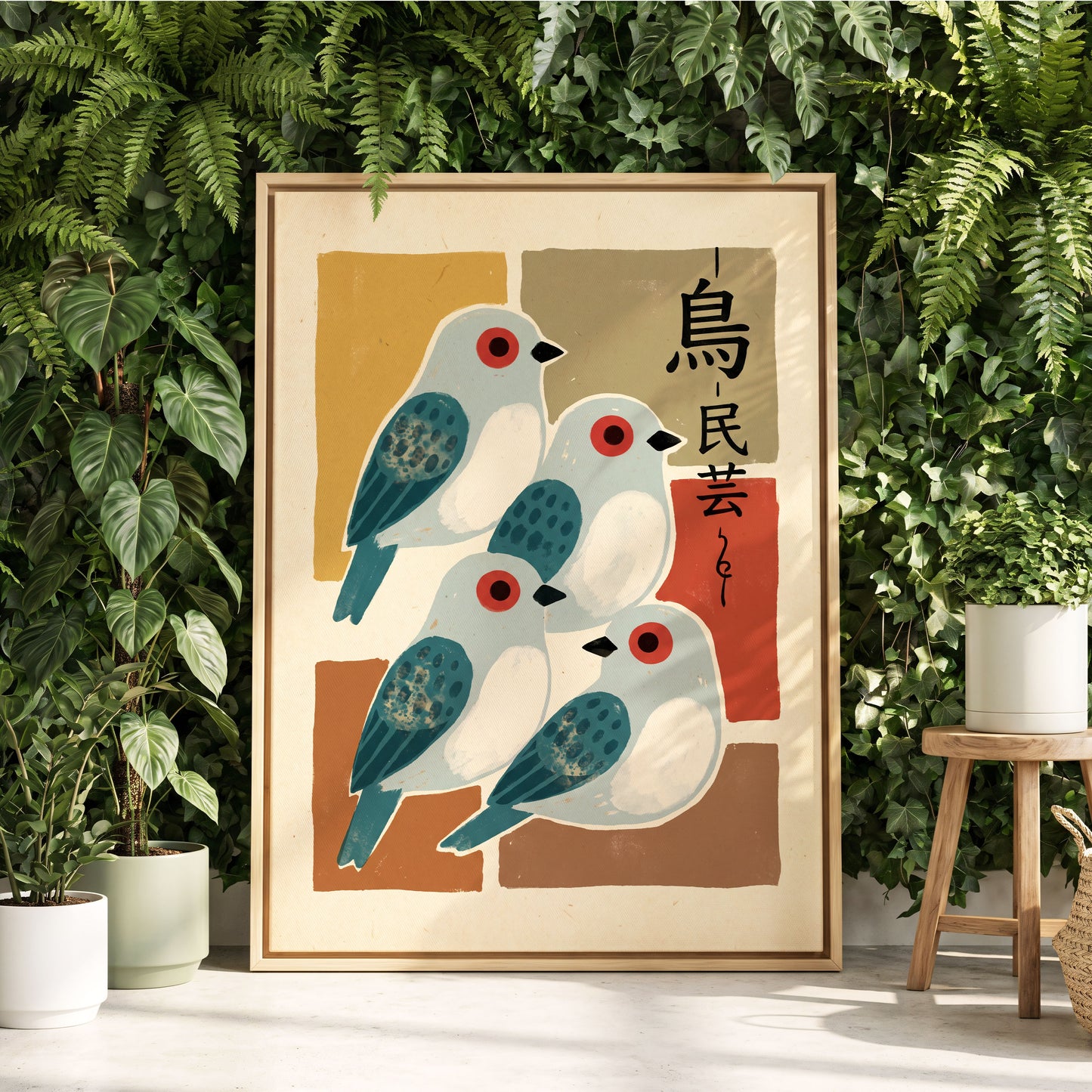 Quiet Aviary, blue, beige, brown nature wall art displayed in a styled interior, gallery view 4
