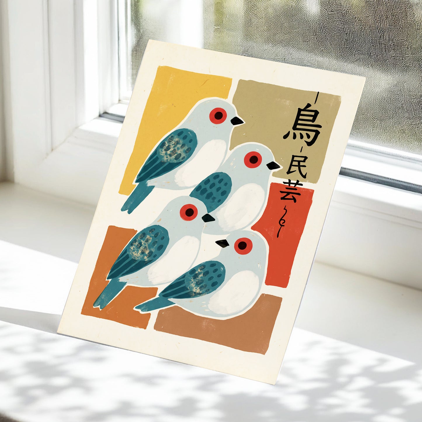 Quiet Aviary, blue, beige, brown nature wall art displayed in a styled interior, gallery view 5
