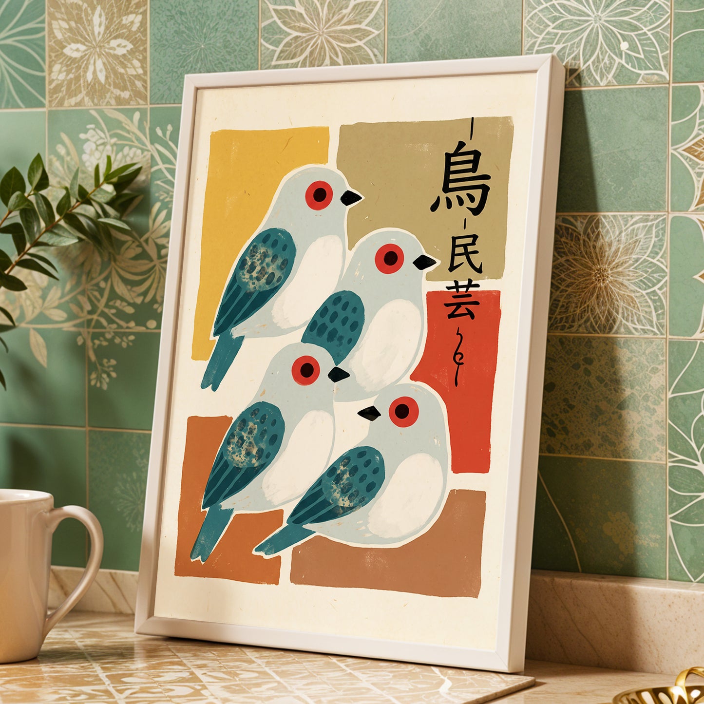 Quiet Aviary, blue, beige, brown nature wall art displayed in a styled interior, gallery view 6