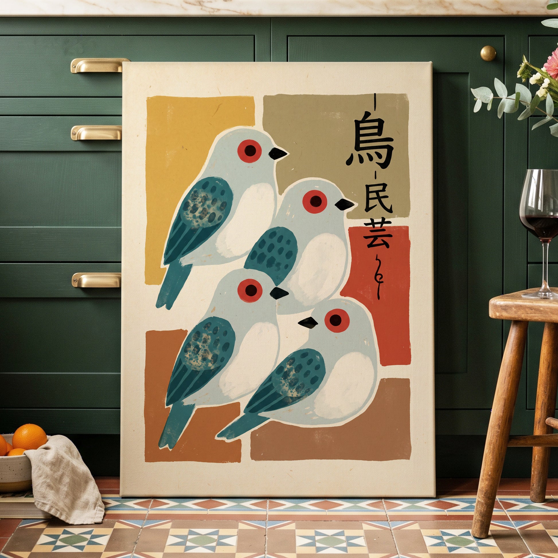 Quiet Aviary, blue, beige, brown nature wall art displayed in a styled interior, gallery view 7