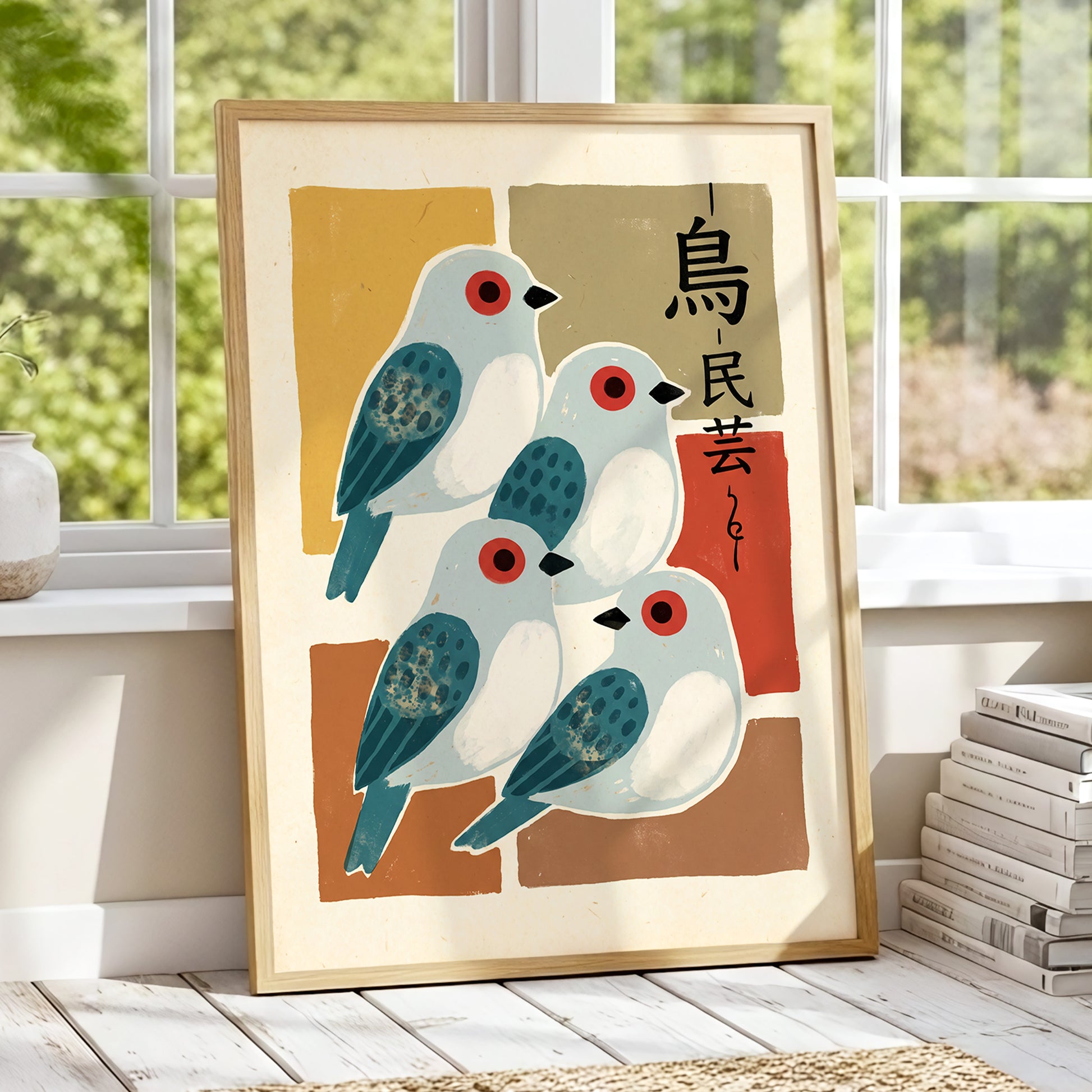 Quiet Aviary, blue, beige, brown nature wall art displayed in a styled interior, gallery view 9