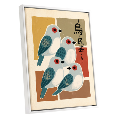 Quiet Aviary, blue, beige, brown nature wall art shown as a white framed canvas wall art