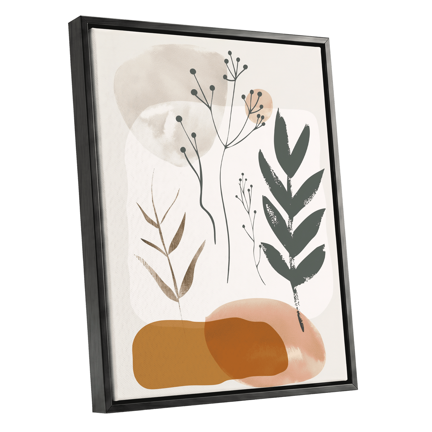 Quiet Botanical Forms, beige, green, brown nature wall art shown as a black framed canvas wall art